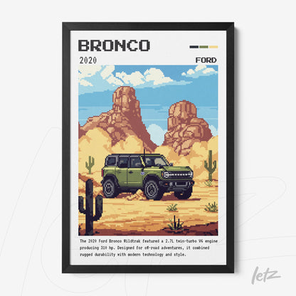 quadro com arte pixelada do Ford Bronco 2020 em moldura preta, com deserto e cactos ao fundo
