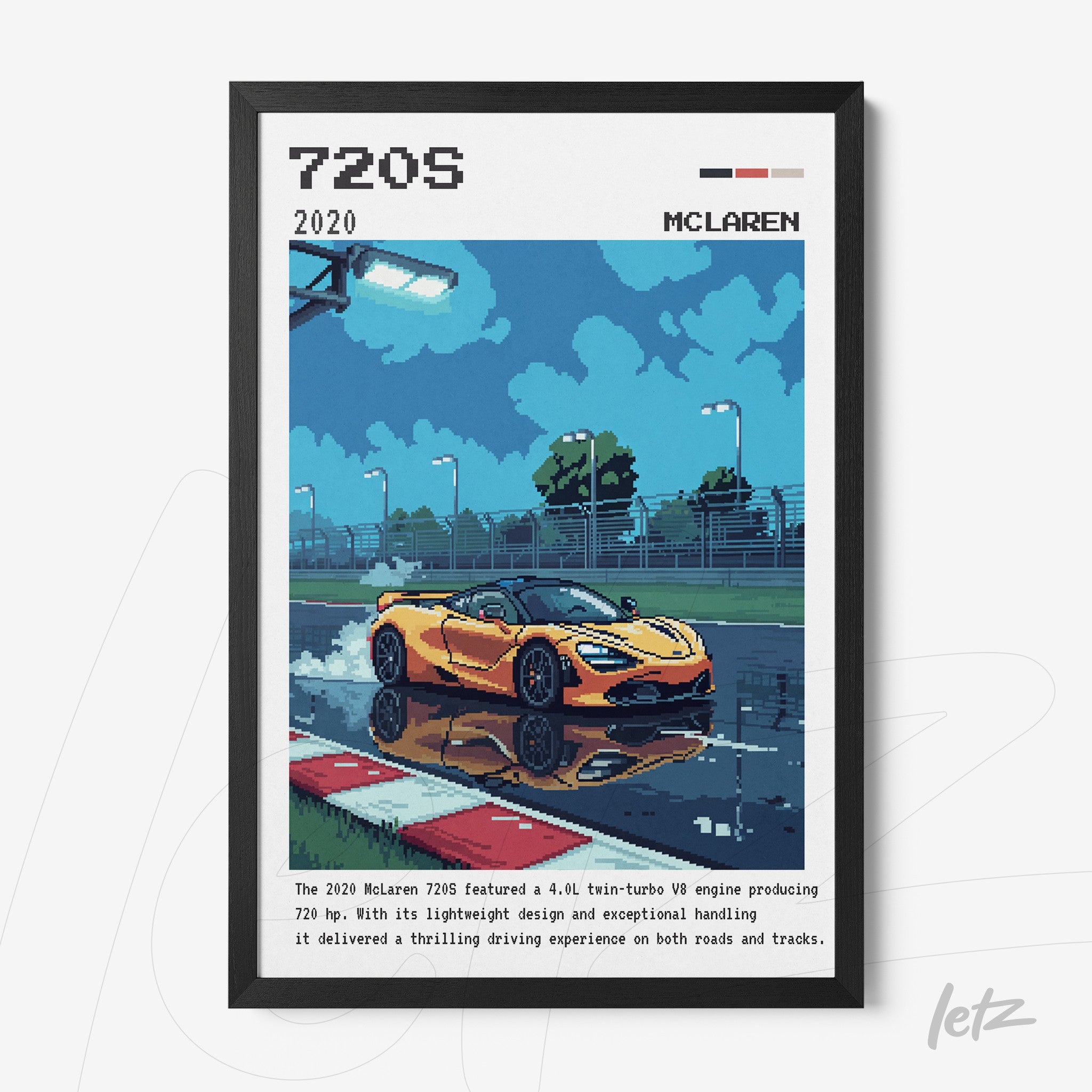 quadro com arte pixelada do carro McLaren 720S em pista molhada com reflexo, moldura preta