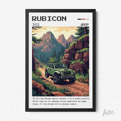quadro de arte digital retratando um Jeep Rubicon 2021 em uma trilha montanhosa, com moldura preta e fundo de montanhas verdes