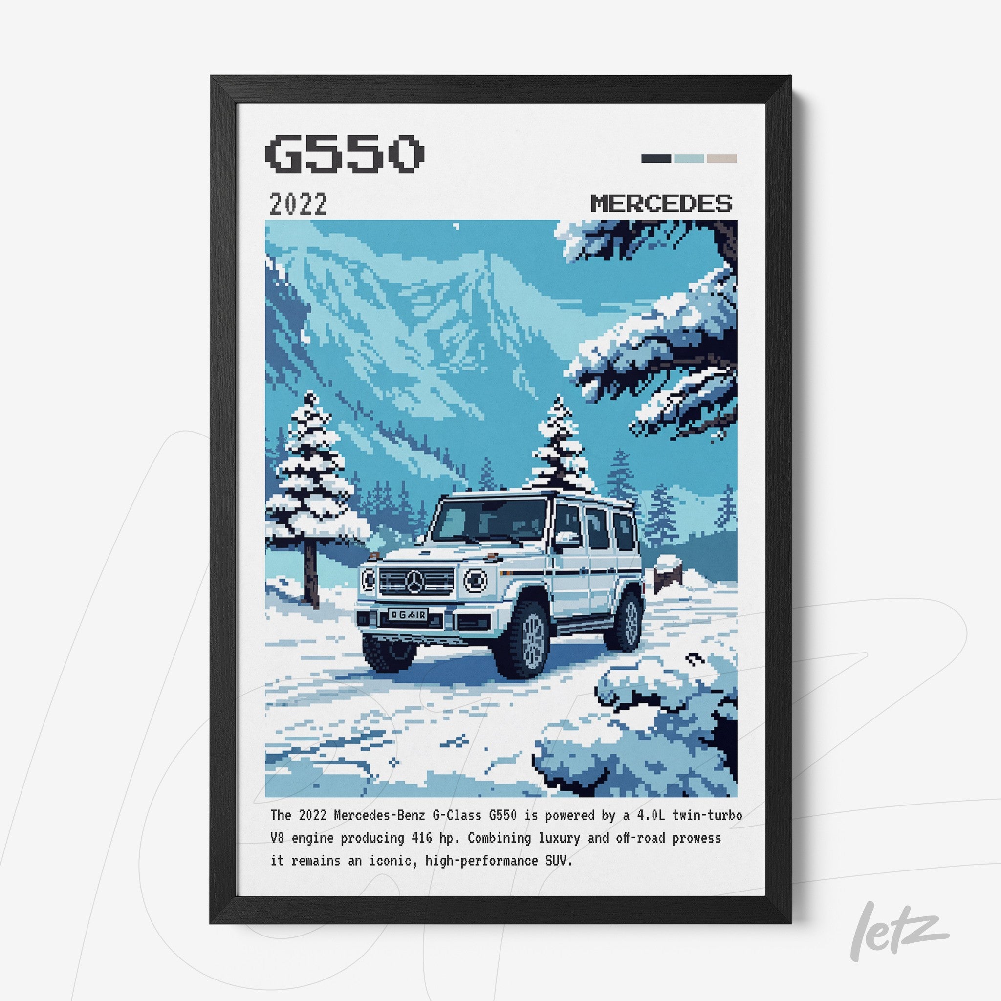 quadro com ilustração em estilo pixel art do veículo Mercedes-Benz G550 2022 em cenário nevado com pinheiros
