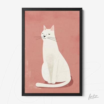 quadro com ilustração minimalista de um gato branco sentado em fundo rosa, moldura preta
