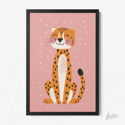 quadro com arte divertida de um jaguar sorridente em fundo rosa e moldura preta