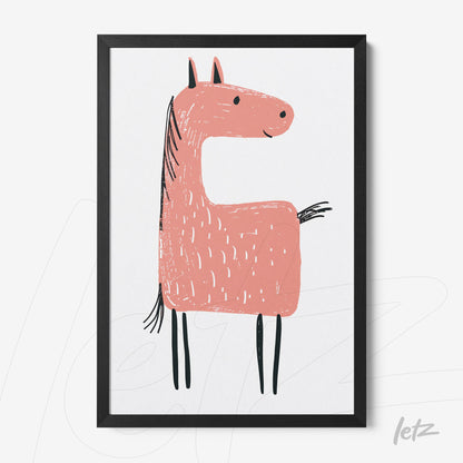 quadro com ilustração de um cavalo rosa em moldura preta