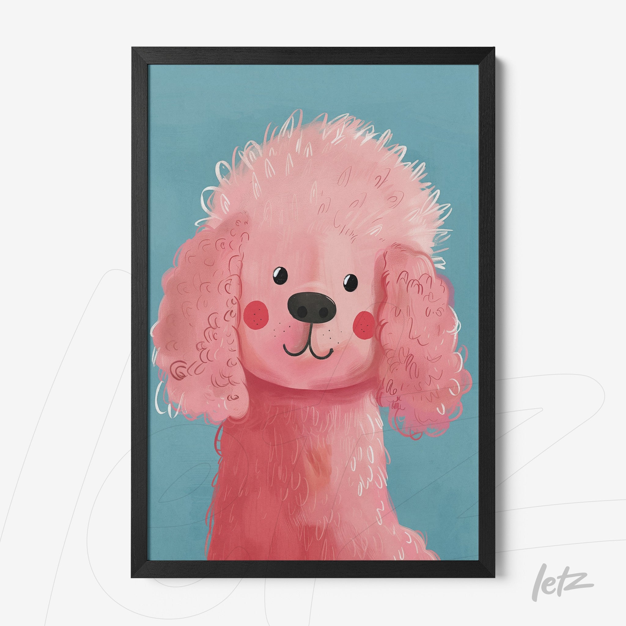 quadro com ilustração de um poodle rosa em moldura preta