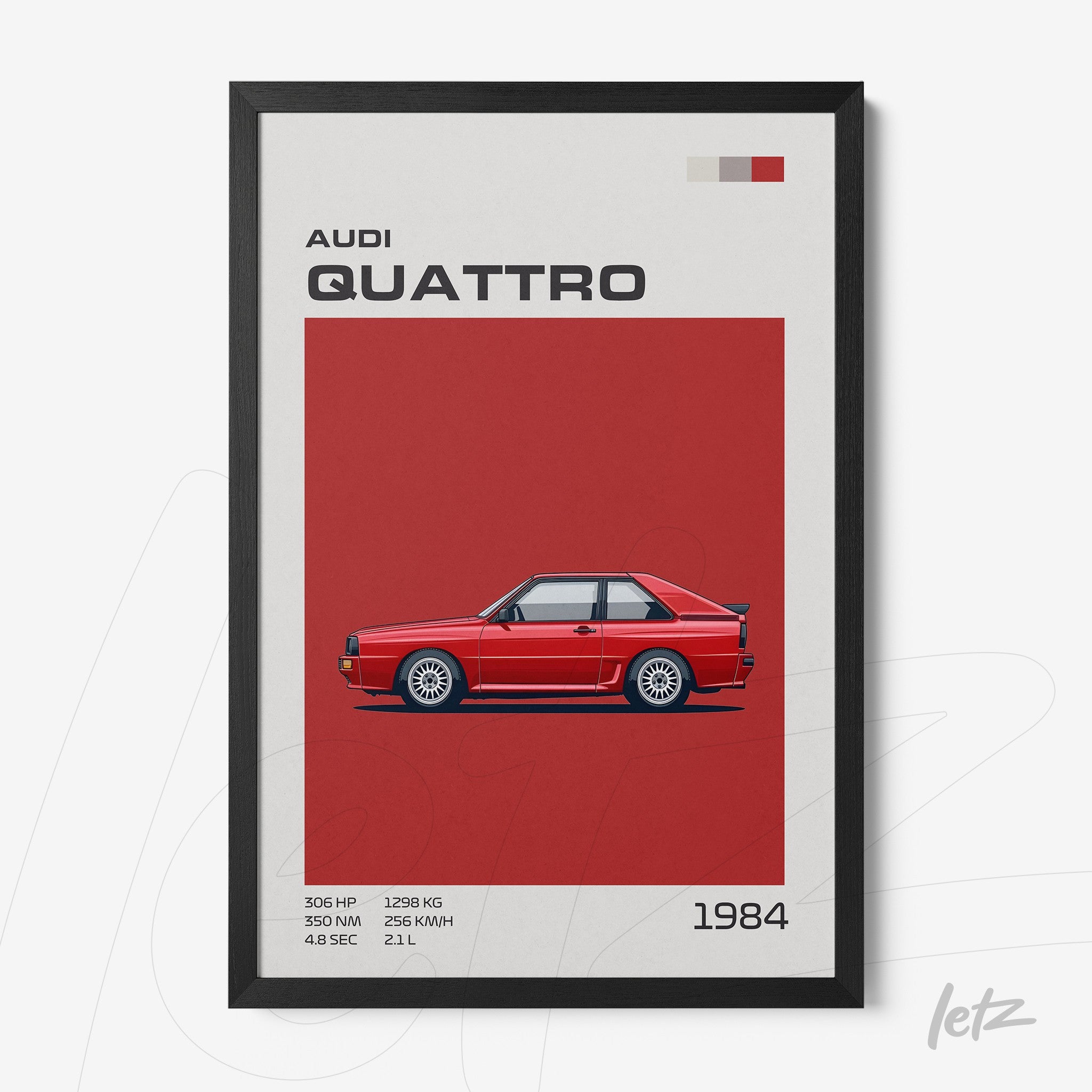 quadro com ilustração do carro Audi Quattro em fundo vermelho com moldura preta