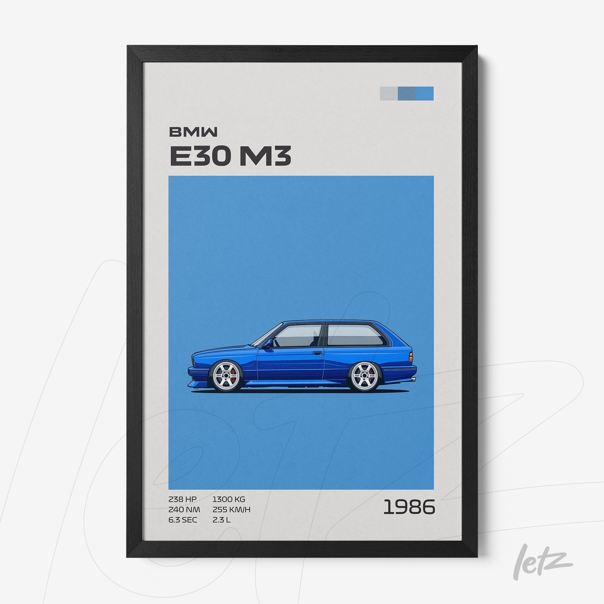 quadro com ilustração do carro BMW E30 M3 em fundo azul vibrante e moldura preta