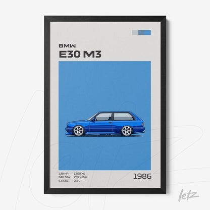 quadro com ilustração do carro BMW E30 M3 em fundo azul vibrante e moldura preta