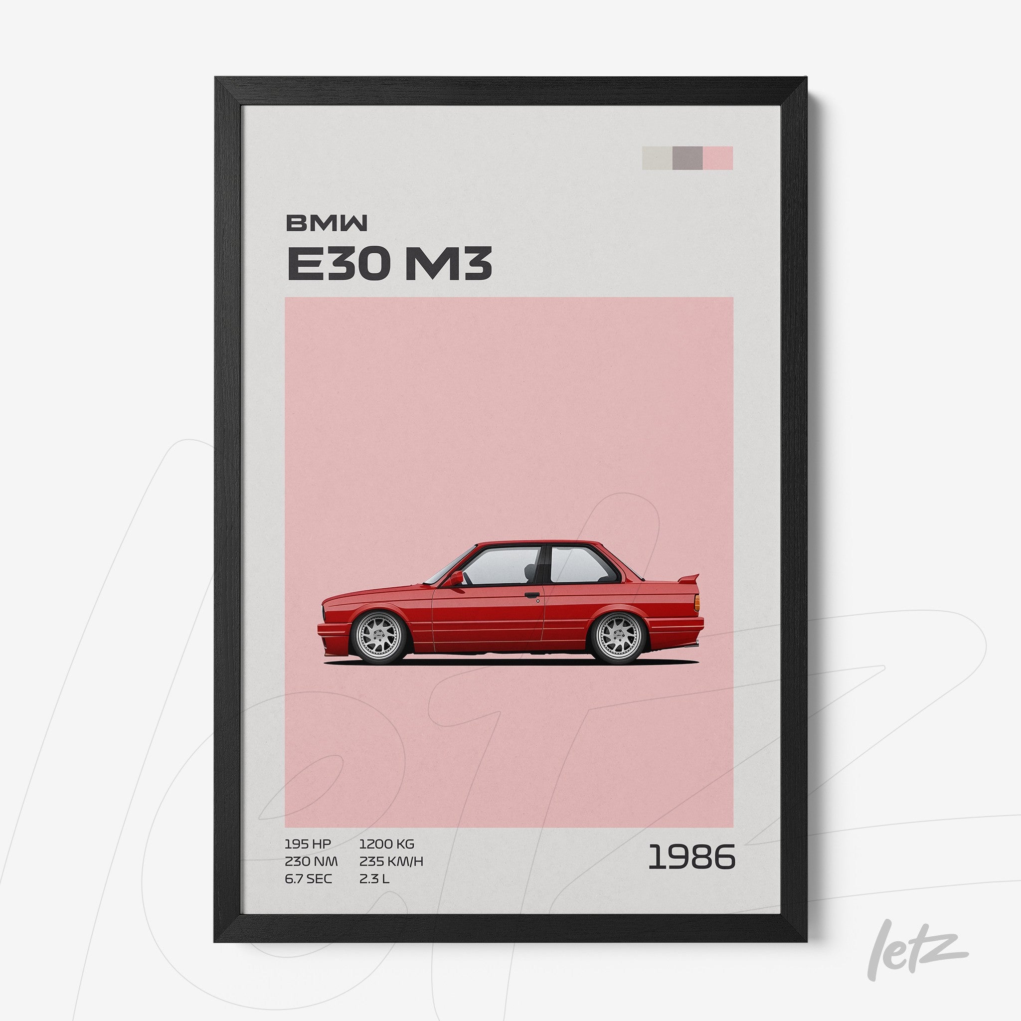 quadro com ilustração de um carro BMW E30 M3 vermelho, detalhes em fundo rosa suave e moldura preta