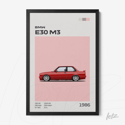 quadro com ilustração de um carro BMW E30 M3 vermelho, detalhes em fundo rosa suave e moldura preta