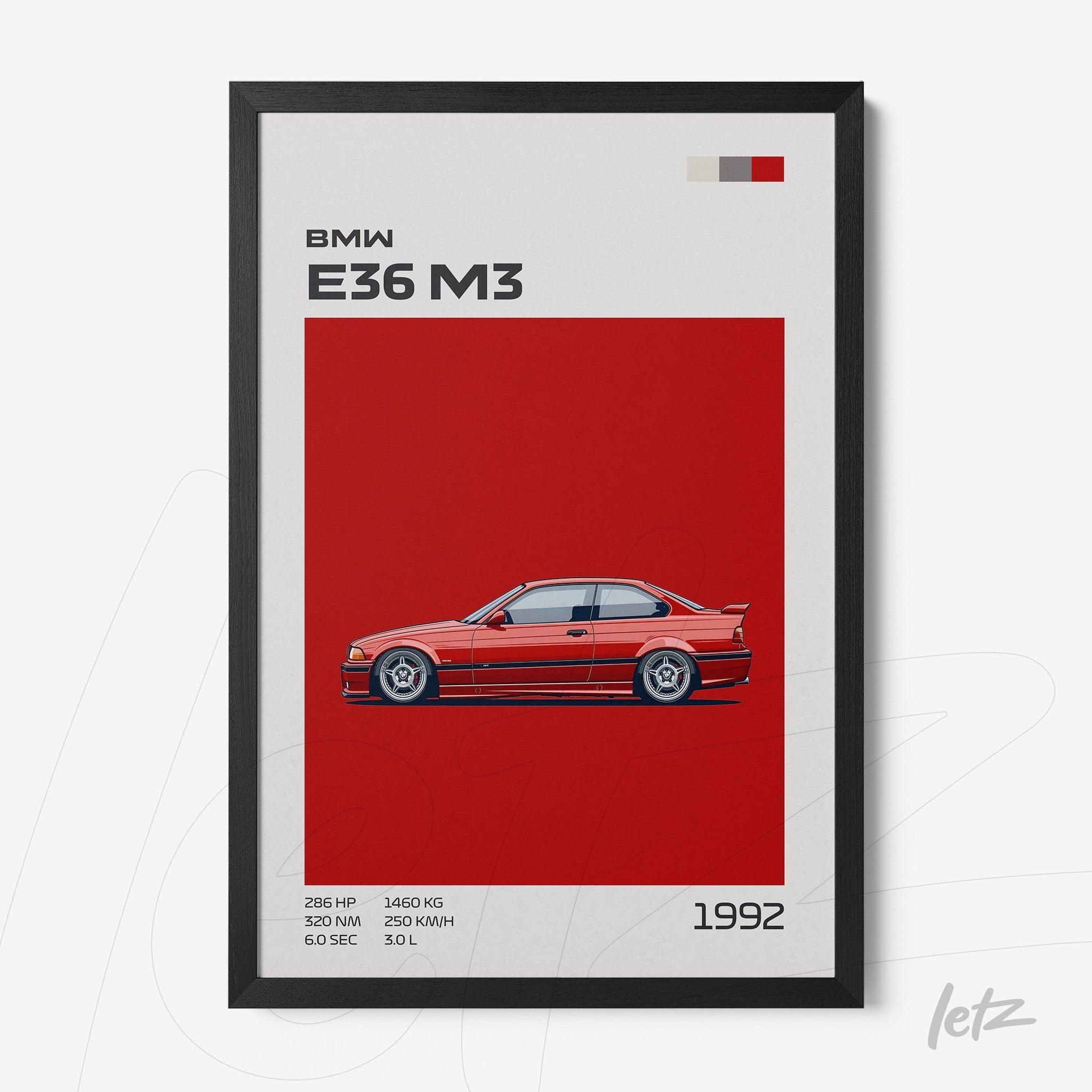 quadro com ilustração do carro BMW E36 M3 em fundo vermelho e moldura preta