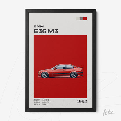 quadro com ilustração do carro BMW E36 M3 em fundo vermelho e moldura preta