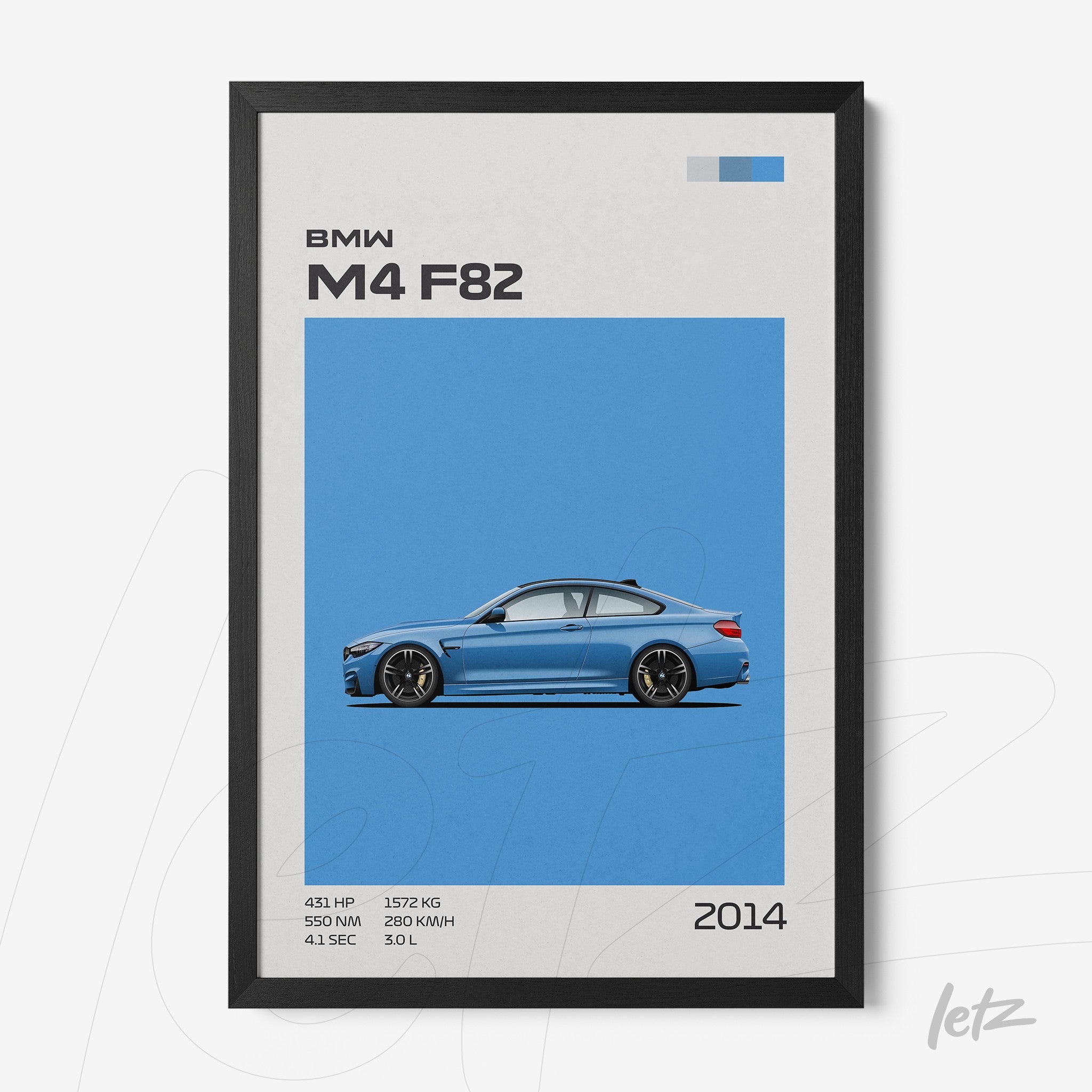 quadro com arte minimalista do carro BMW M4 F82 em moldura preta com fundo azul