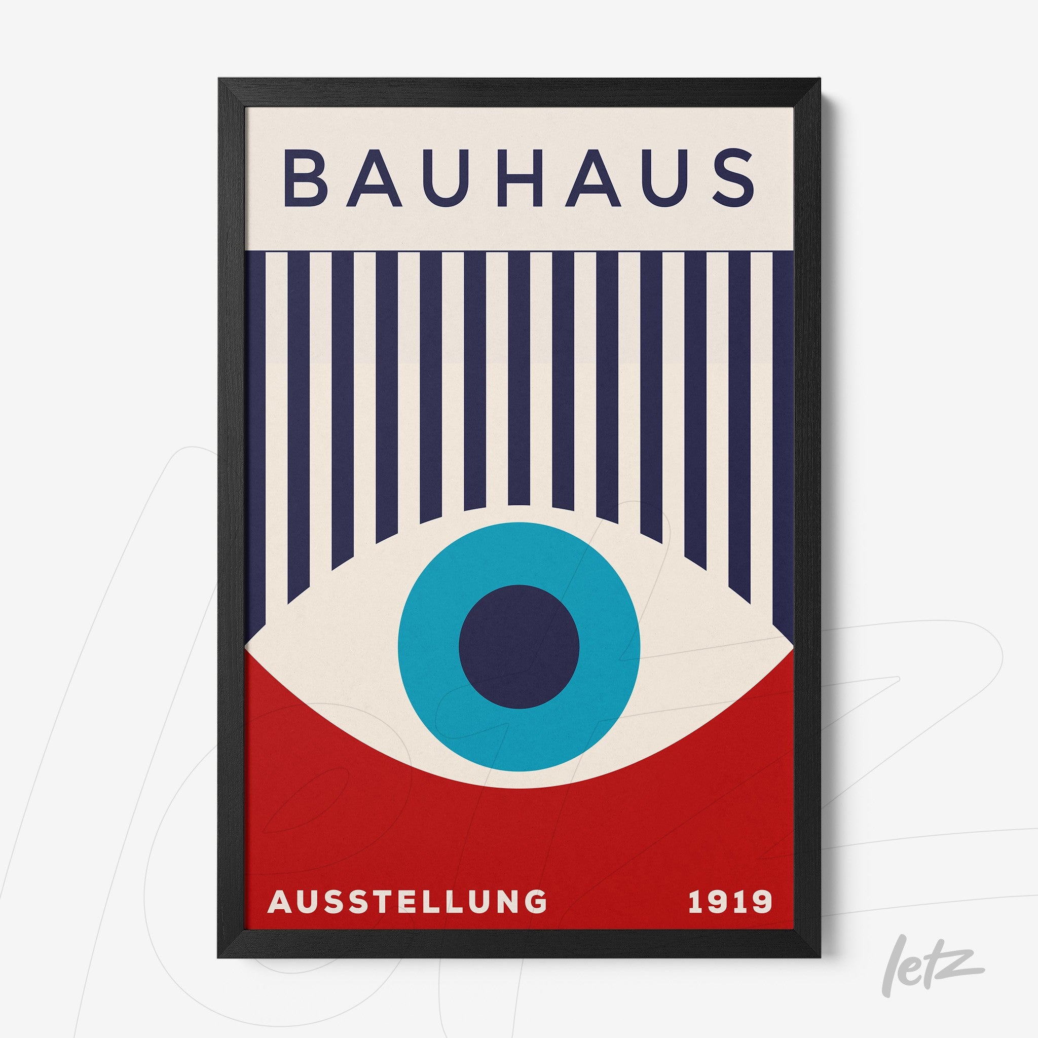 quadro com arte em estilo Bauhaus de cores azul, vermelho e branco emoldurado em preto