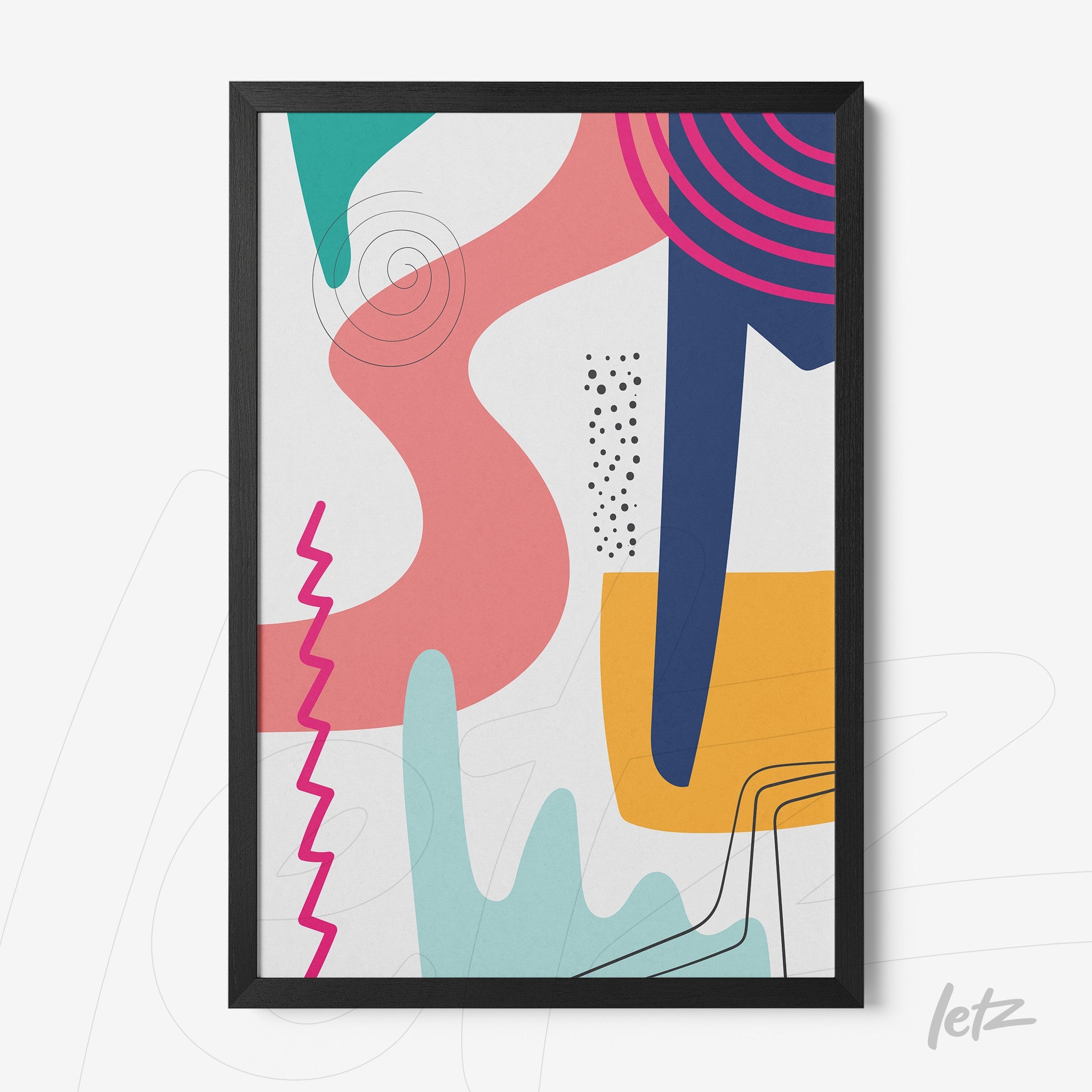 arte abstrata colorida em moldura preta com formas geométricas e linhas sinuosas