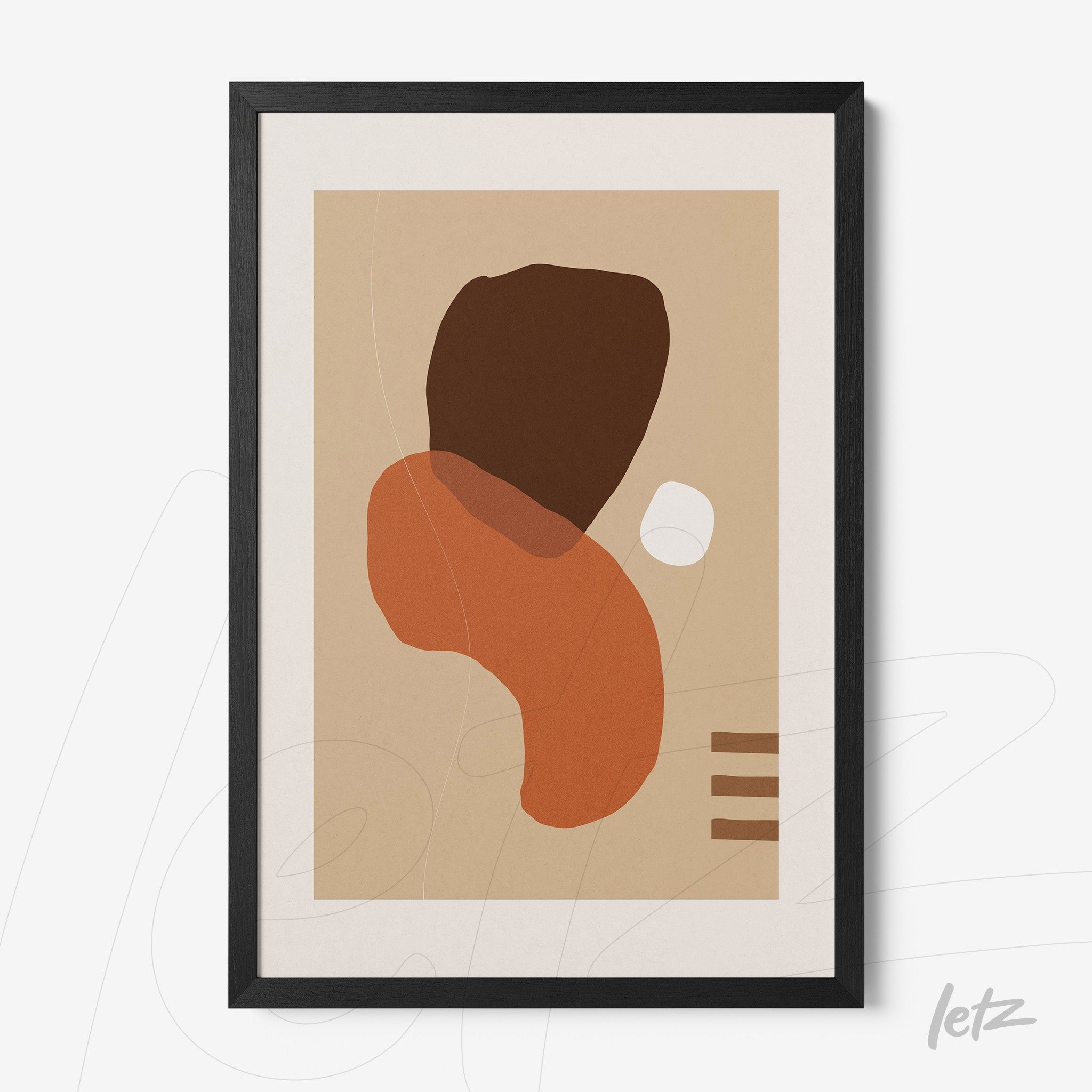 quadro abstrato com formas geométricas em tons terrosos emoldurado em preto sobre fundo bege