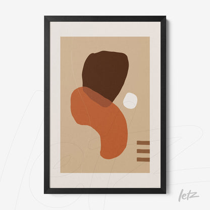 quadro abstrato com formas geométricas em tons terrosos emoldurado em preto sobre fundo bege