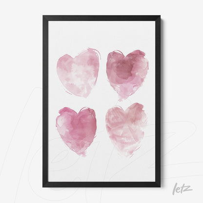 quadro com arte em aquarela de quatro corações rosa em moldura preta