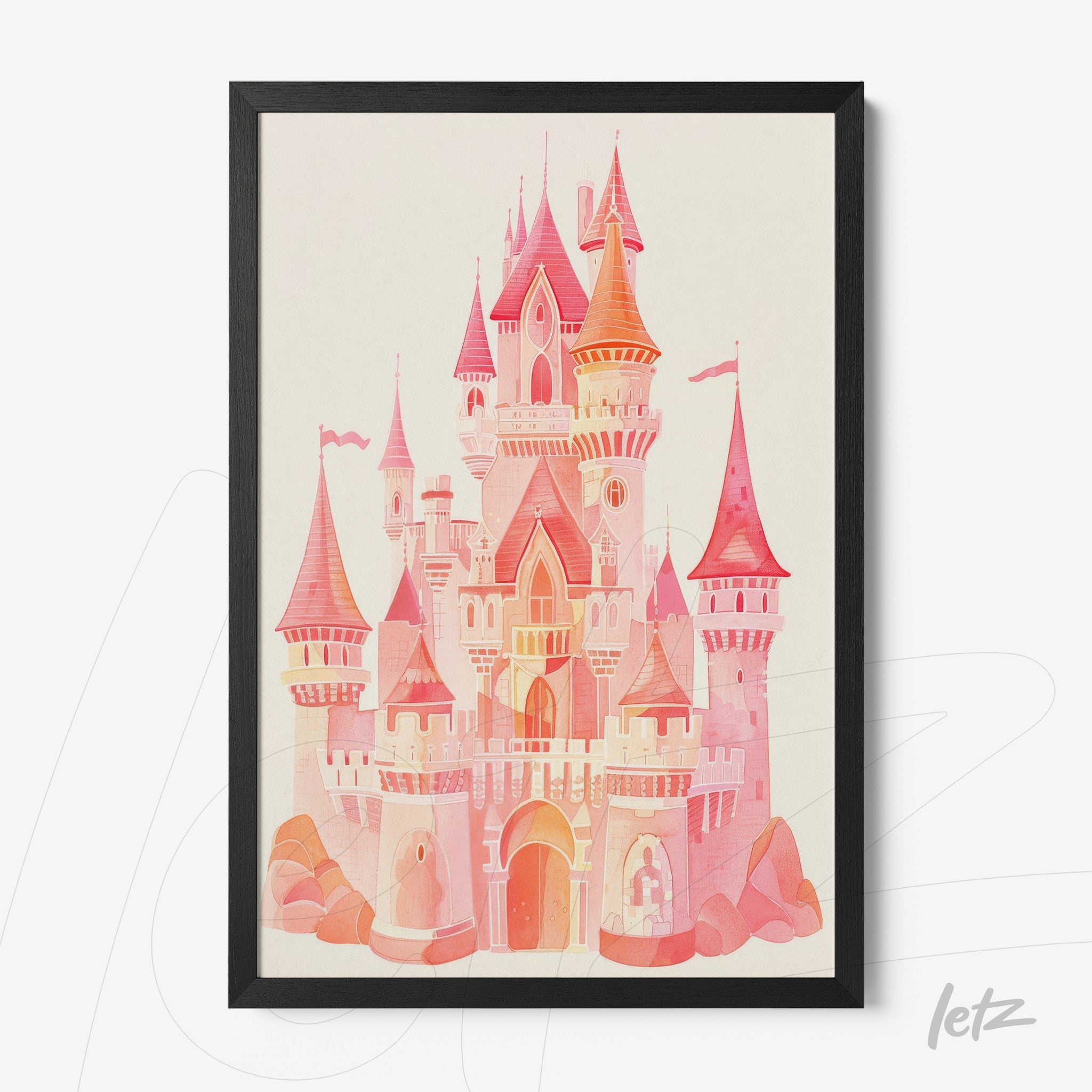 quadro com ilustração de castelo em tons de rosa com moldura preta
