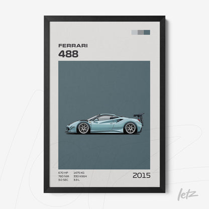 quadro com ilustração minimalista de um carro esportivo Ferrari 488 em moldura preta