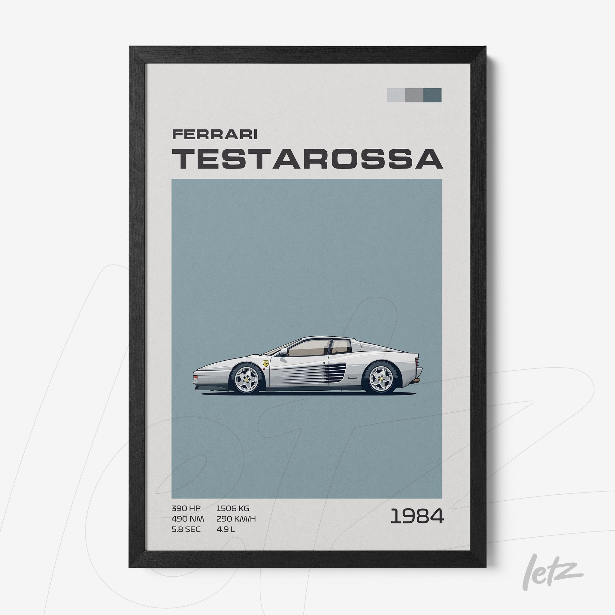 quadro com ilustração do carro esportivo Ferrari Testarossa em moldura preta, com fundo azul e detalhes em texto sobre suas especificações