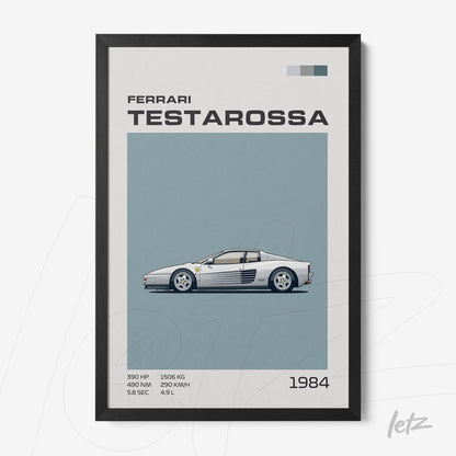 quadro com ilustração do carro esportivo Ferrari Testarossa em moldura preta, com fundo azul e detalhes em texto sobre suas especificações
