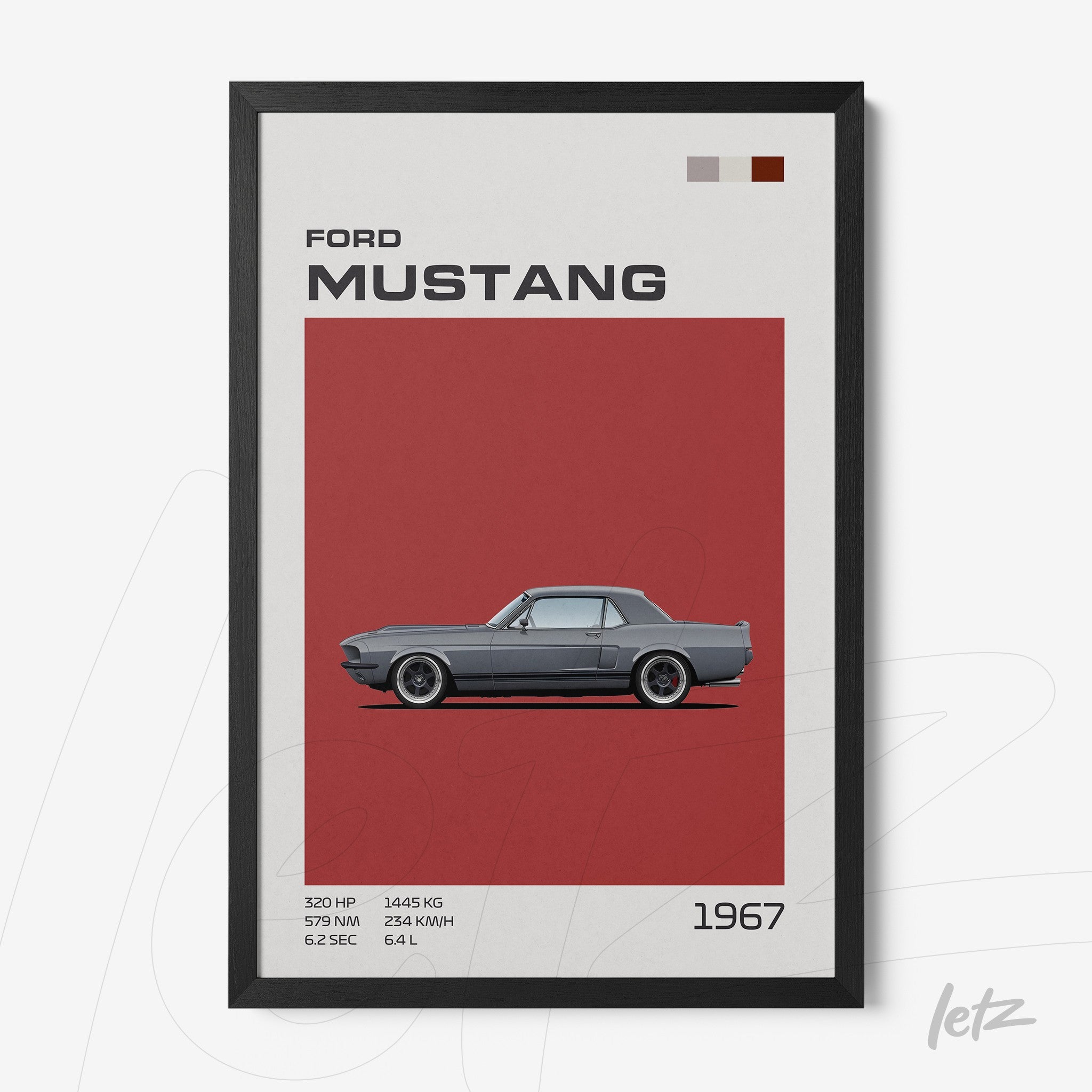 quadro com arte digital do carro Ford Mustang 1967 em moldura preta com fundo vermelho