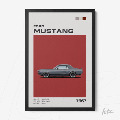 quadro com arte digital do carro Ford Mustang 1967 em moldura preta com fundo vermelho