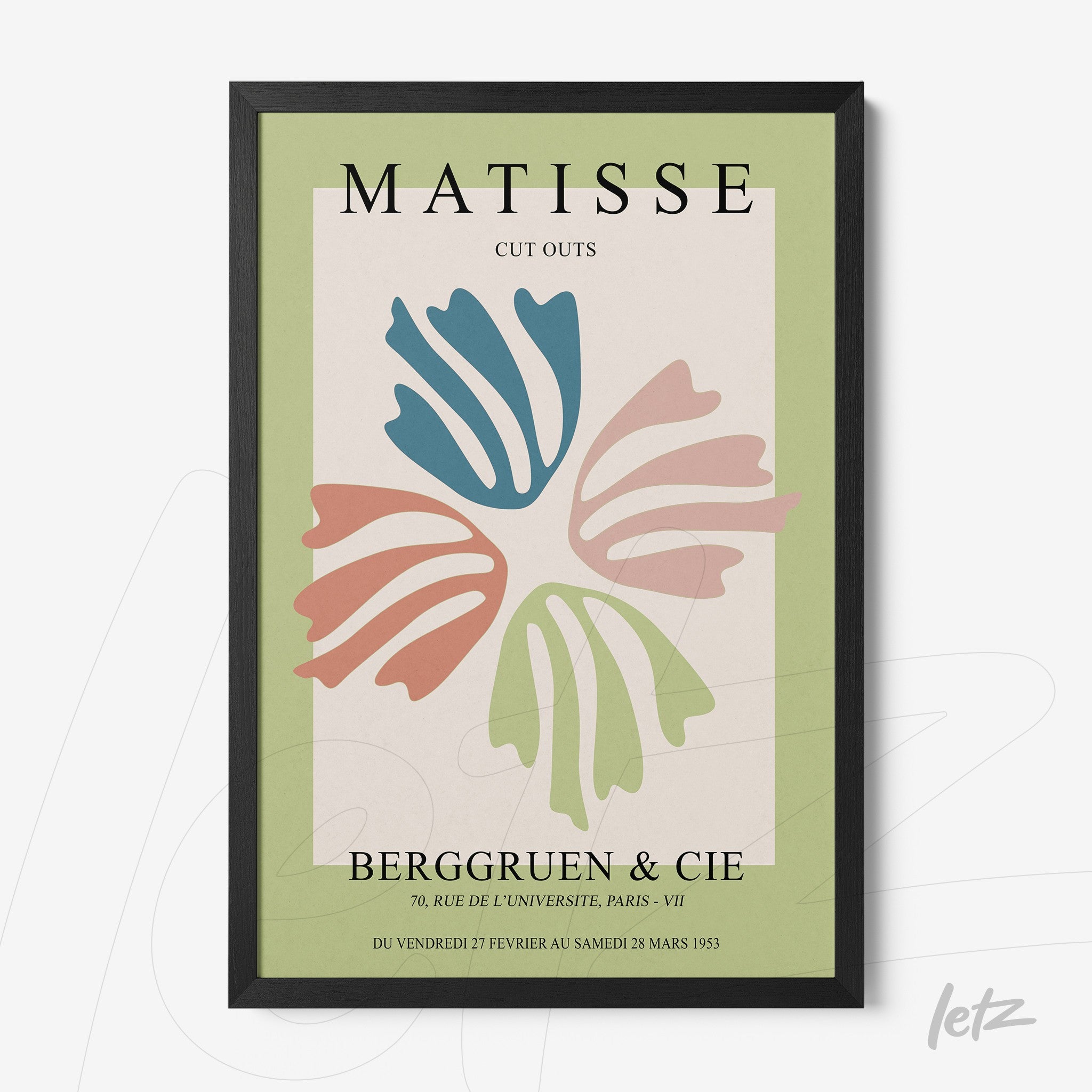 quadro decorativo com arte em recortes inspirada em Matisse, destacando formas coloridas em azul, rosa e verde sobre fundo claro, moldura preta