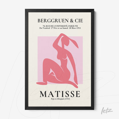 quadro decorativo com arte moderna que apresenta uma figura feminina em tons de rosa sobre fundo claro, moldura preta simples