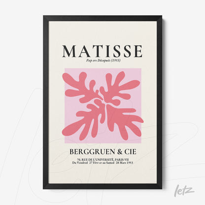 quadro decorativo com arte moderna de folhas em tons de rosa e fundo claro, moldura preta