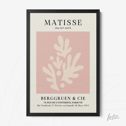 quadro com arte estilizada em tons de rosa com formas abstratas sobre fundo creme, moldura preta fina