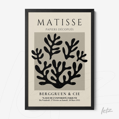 quadro com arte abstrata em preto e branco inspirado em Matisse, moldura preta e fundo bege