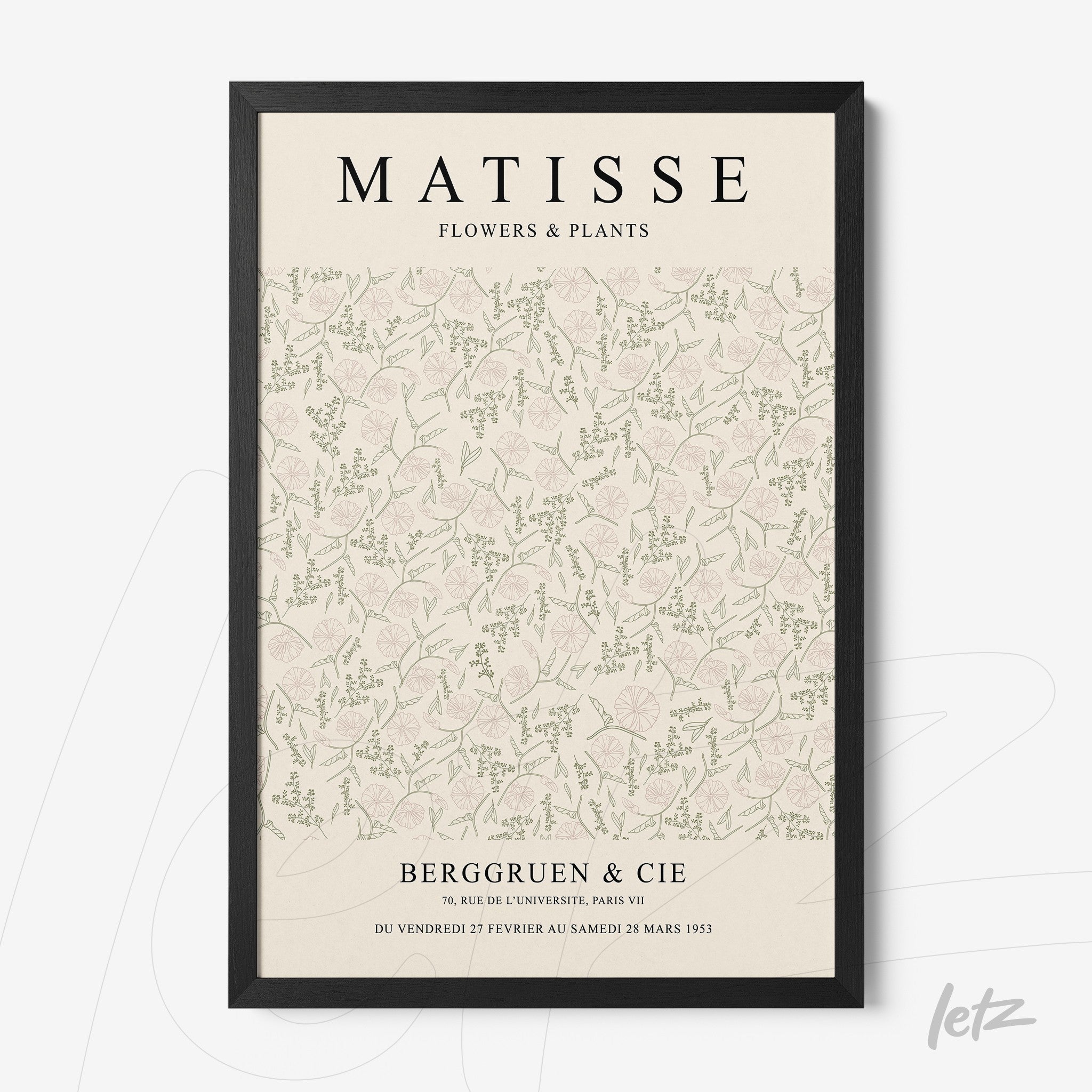 quadro decorativo com arte em estilo vintage apresentada em moldura preta, com fundo claro e padrões de flores e folhas