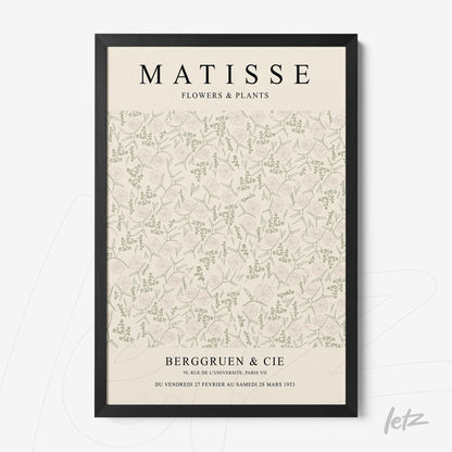 quadro decorativo com arte em estilo vintage apresentada em moldura preta, com fundo claro e padrões de flores e folhas