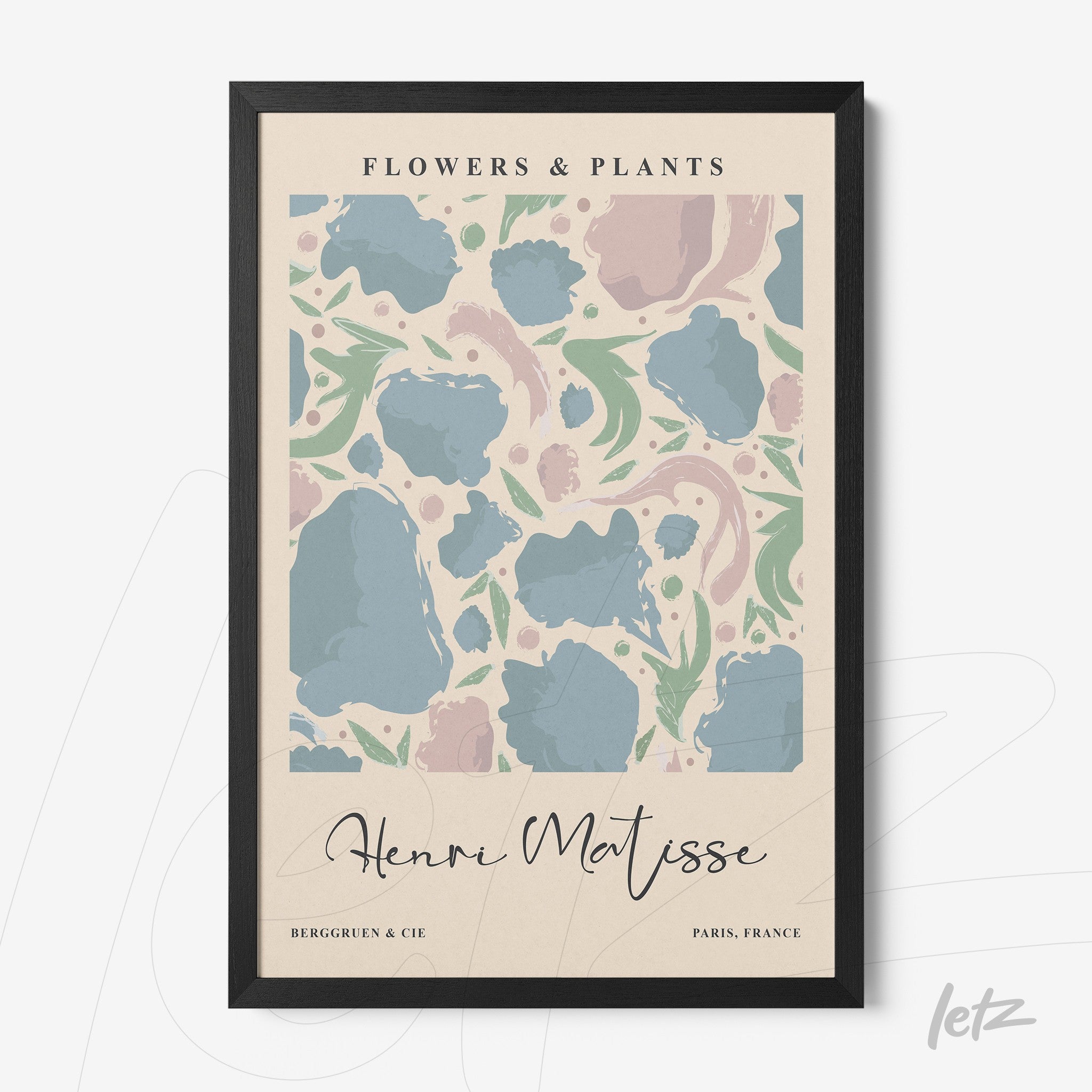 quadro com ilustração de flores e plantas em tons suaves, moldura preta fina