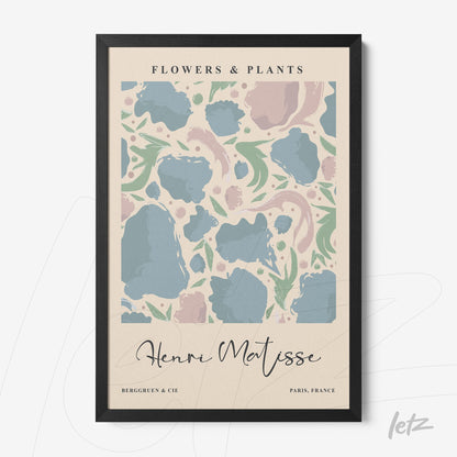 quadro com ilustração de flores e plantas em tons suaves, moldura preta fina