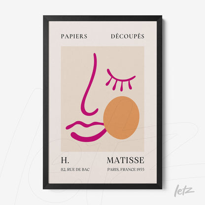 quadro com arte abstrata inspirada em Henri Matisse, apresentando linhas em rosa e laranja sobre fundo neutro em moldura preta