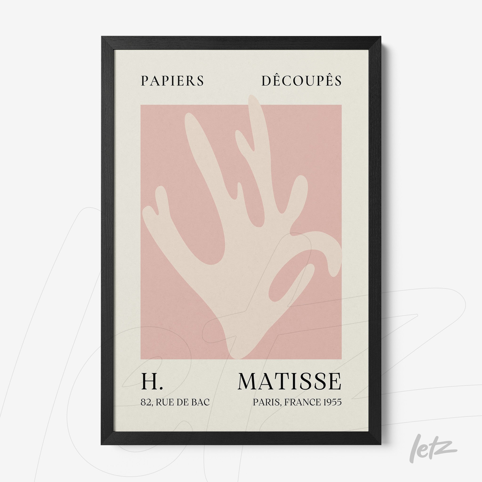 quadro com arte moderna inspirado em Matisse, exibindo uma mão estilizada em fundo rosa e moldura preta