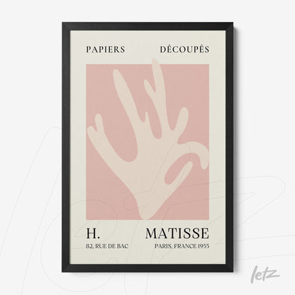 quadro com arte moderna inspirado em Matisse, exibindo uma mão estilizada em fundo rosa e moldura preta