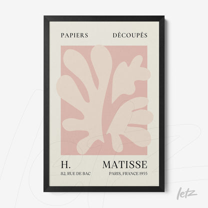 quadro com arte moderna em moldura preta, destacando formas orgânicas em tons de rosa e creme