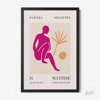 quadro com arte em estilo contemporâneo apresentando figura estilizada em tons de rosa e laranja, acompanhado de elemento vegetal, em moldura preta