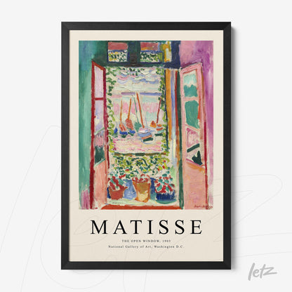 quadro com arte de Matisse intitulado 'A Janela Aberta', exibindo uma vista vibrante da natureza, moldura preta contemporânea