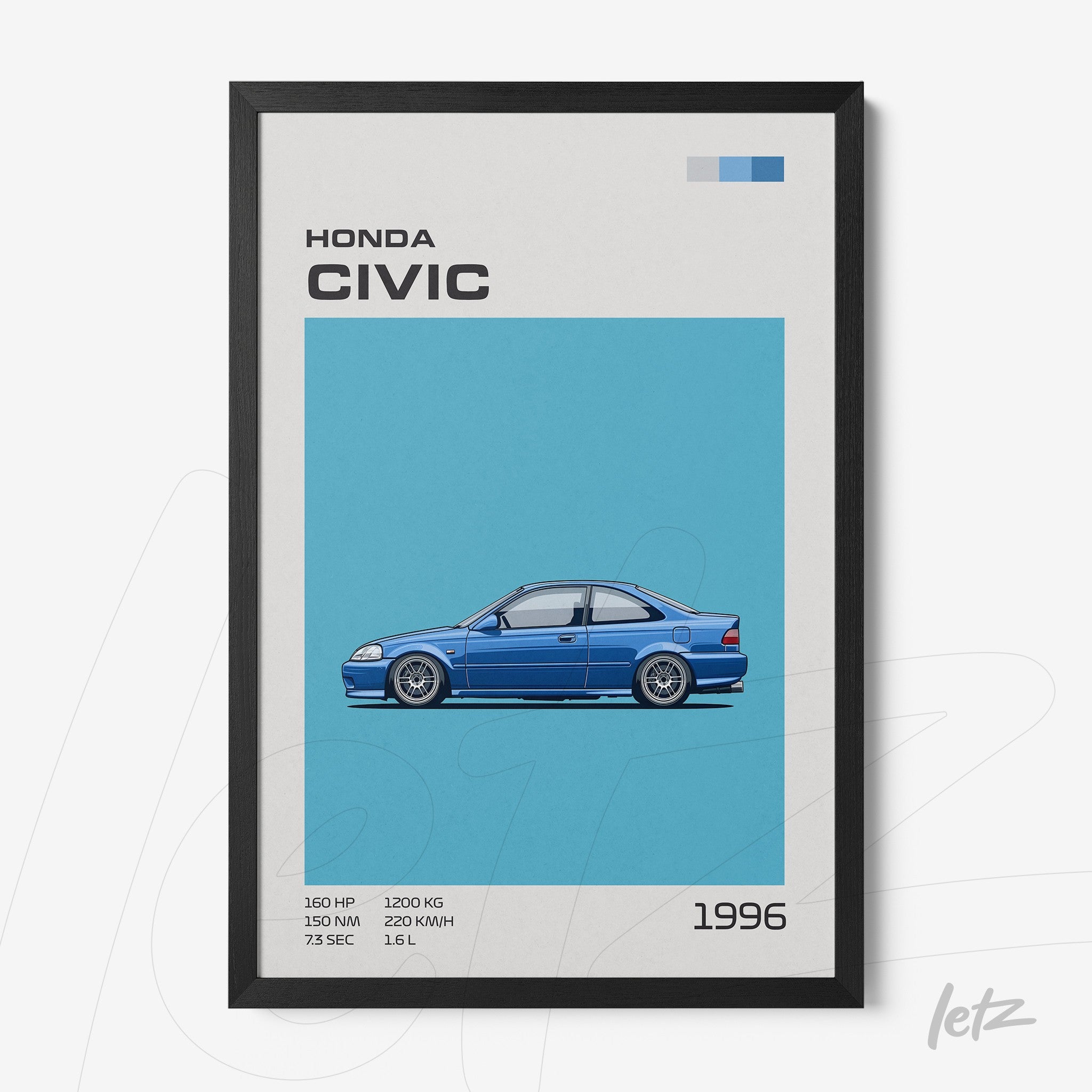 quadro com ilustração do carro Honda Civic 1996 em fundo azul claro e moldura preta