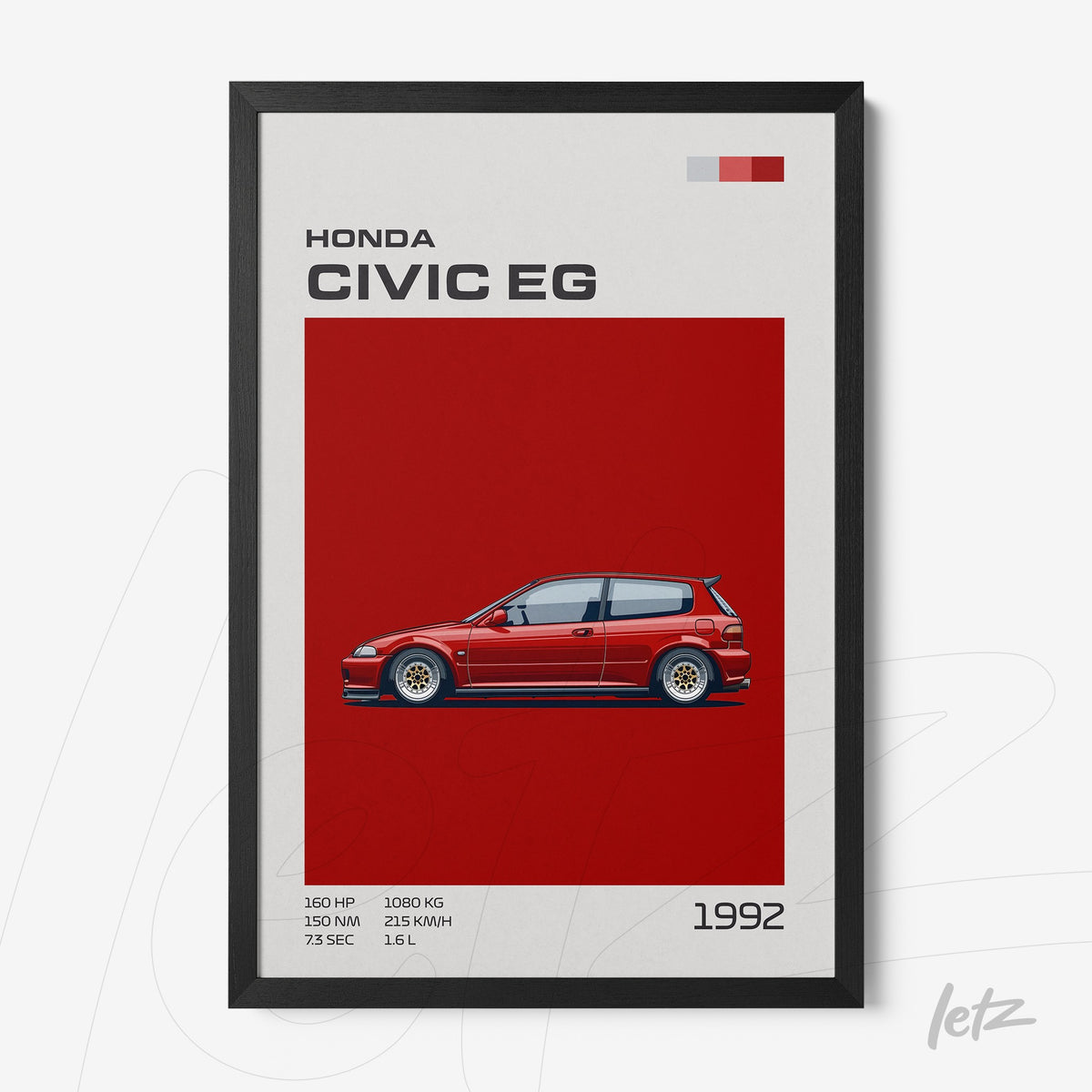 quadro com ilustração do Honda Civic EG de 1992 em moldura preta, com fundo vermelho e detalhes técnicos abaixo