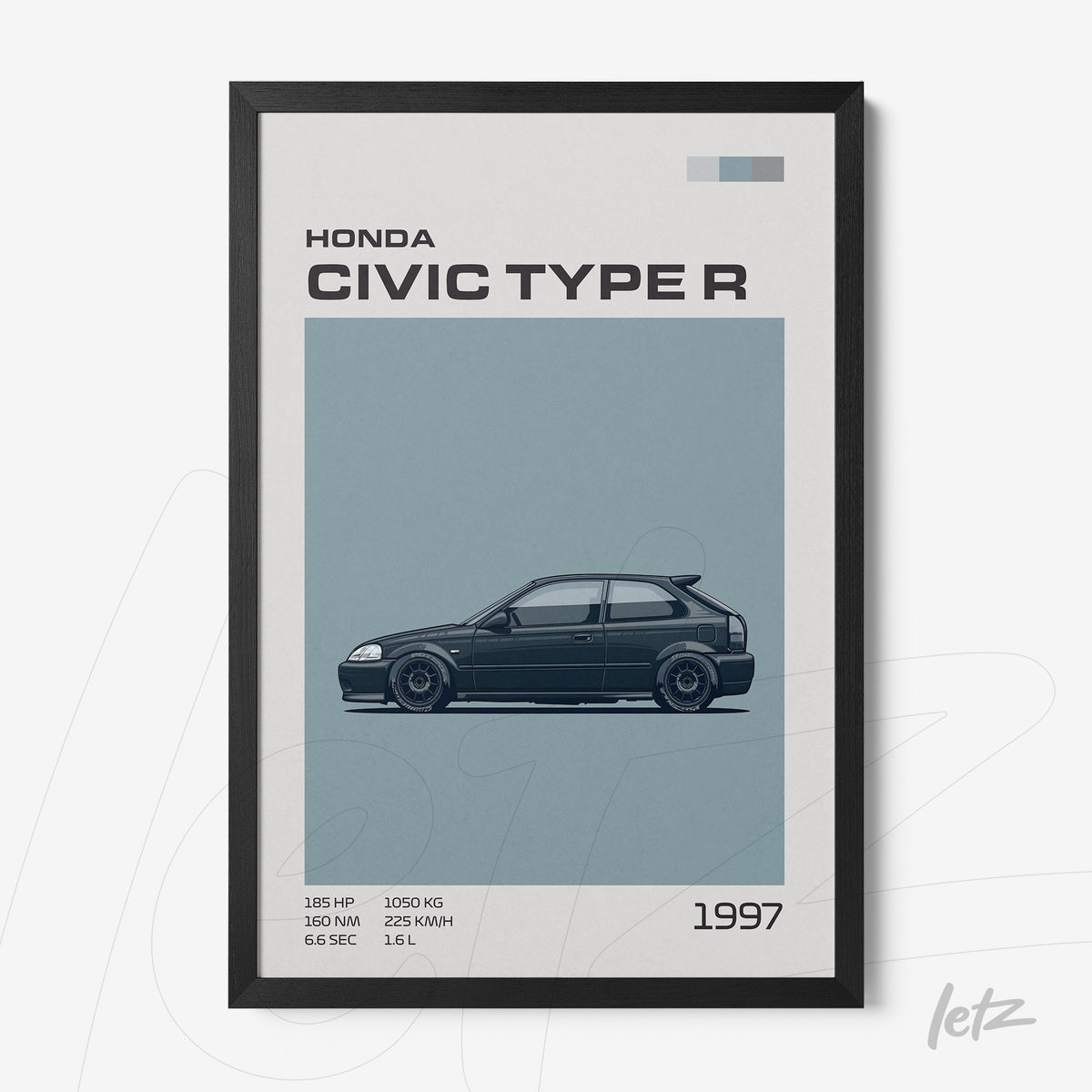 quadro com ilustração do Honda Civic Type R de 1997 em moldura preta, sobre fundo azul claro
