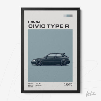 quadro com ilustração do Honda Civic Type R de 1997 em moldura preta, sobre fundo azul claro
