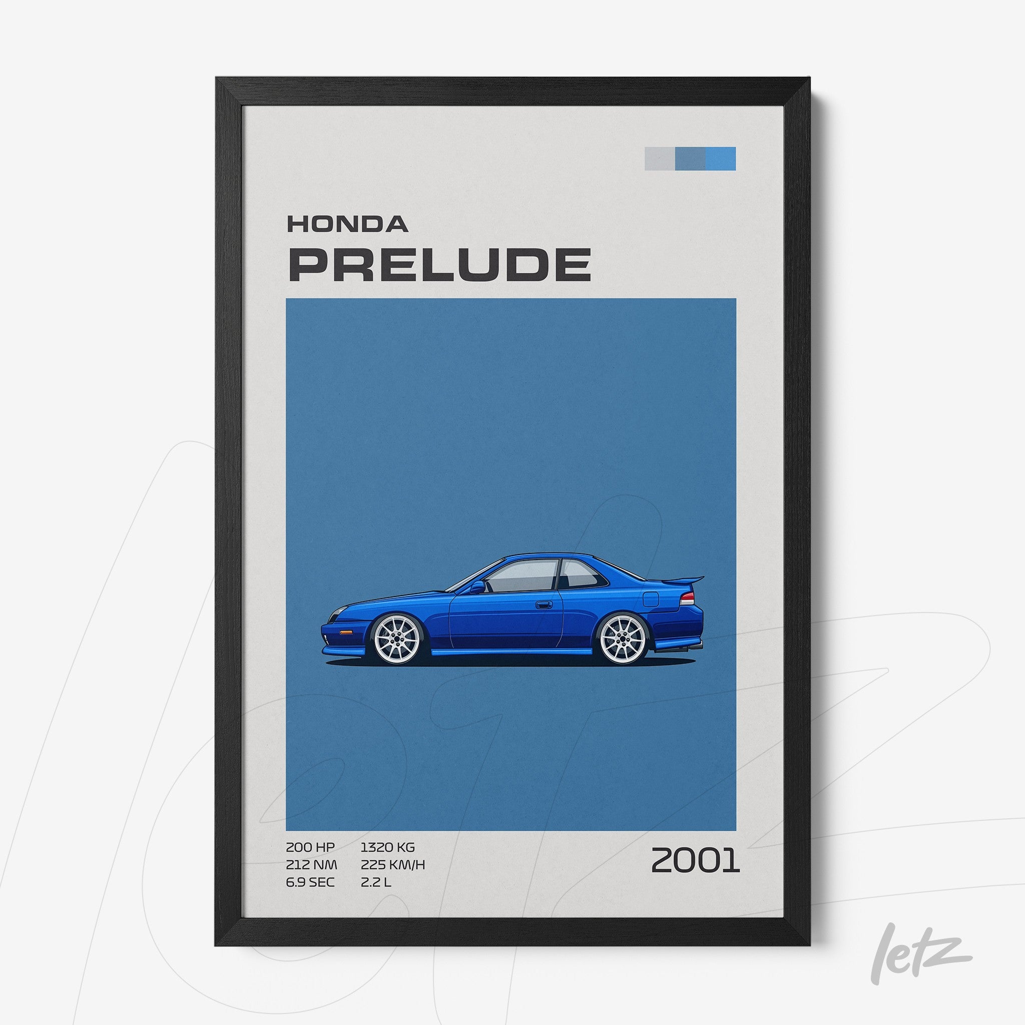 quadro com arte digital de um carro Honda Prelude ano 2001 em fundo azul e moldura preta