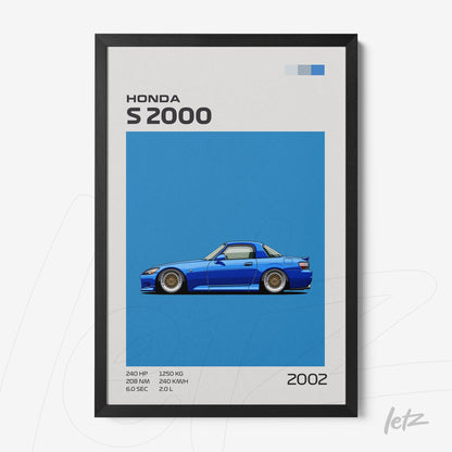 quadro decorativo com ilustração do carro Honda S2000 em fundo azul vibrante e moldura preta
