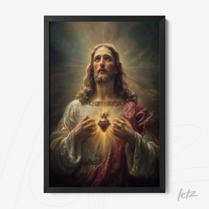 quadro com retrato de Jesus Cristo em moldura preta, apresentando um fundo iluminado e detalhes de luz ao redor
