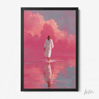 quadro com arte religiosa retratando uma figura masculina em túnica branca caminhando sobre águas refletivas, com nuvens rosa ao fundo